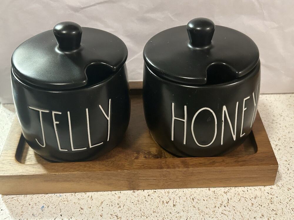 RAE DUNN Black HONEY & JELLY Set Lids & Wood Tray Breakfast Toast Artisan